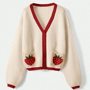 Apricot Casual Women's Cute Crochet Strawberry Print Button sweater Cardigan